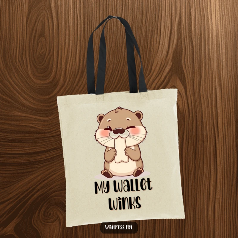 Funny tote bag with a giggling otter presenting a bill and giving a charming wink, representing playful service.