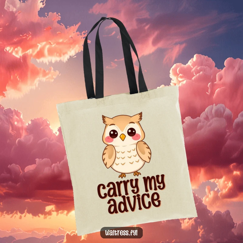 Funny Owl Listener Tote Bag featuring a cheerful owl character attentively listening with a knowing smile, symbolizing a great confidant.