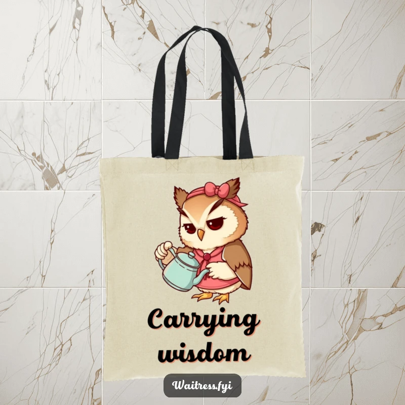 Funny Owl Waitress Tote Bag showcasing a determined owl pouring tea, great for books and as a funny gift.