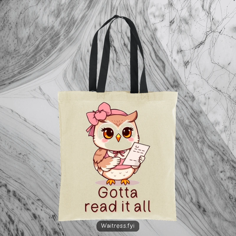Funny Owl Waitress Tote Bag: A polite owl with a welcoming smile offers a menu, adding a touch of charm to everyday carry.