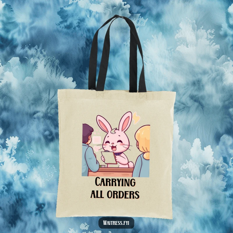 Funny pink rabbit character with a notepad, cheerfully taking an order, on a tote bag, a funny useful gift.