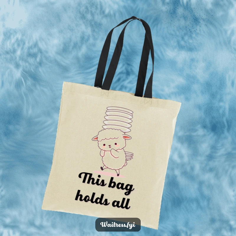 Funny Sheep Plate Struggle Tote Bag featuring a fluffy sheep character adorably struggling to carry a tall stack of plates, a symbol of effort.