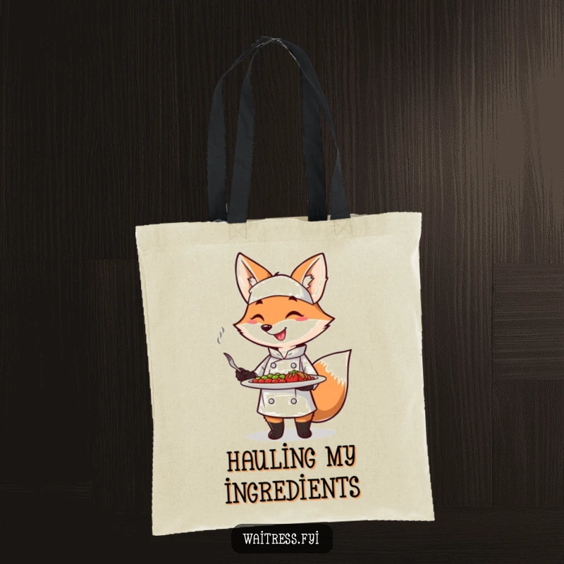 Funny Fox Chef Tote Bag featuring a smiling fox chef with a plate, great for groceries and as a stylish, funny gift.