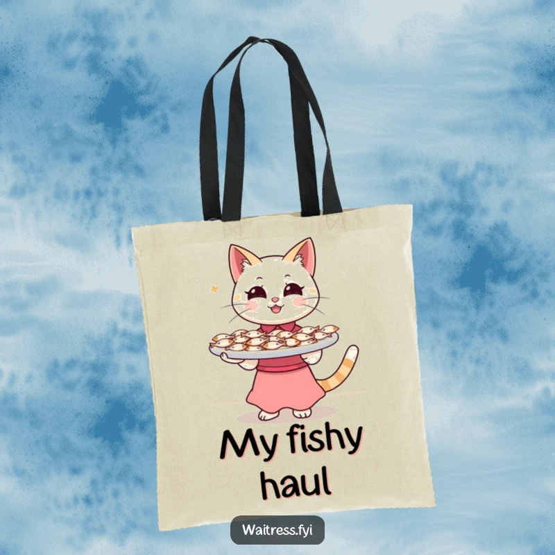 Funny Cat Waitress Tote Bag: A happy cat waitress balancing a tray of tiny fish, perfect for carrying essentials with feline flair.