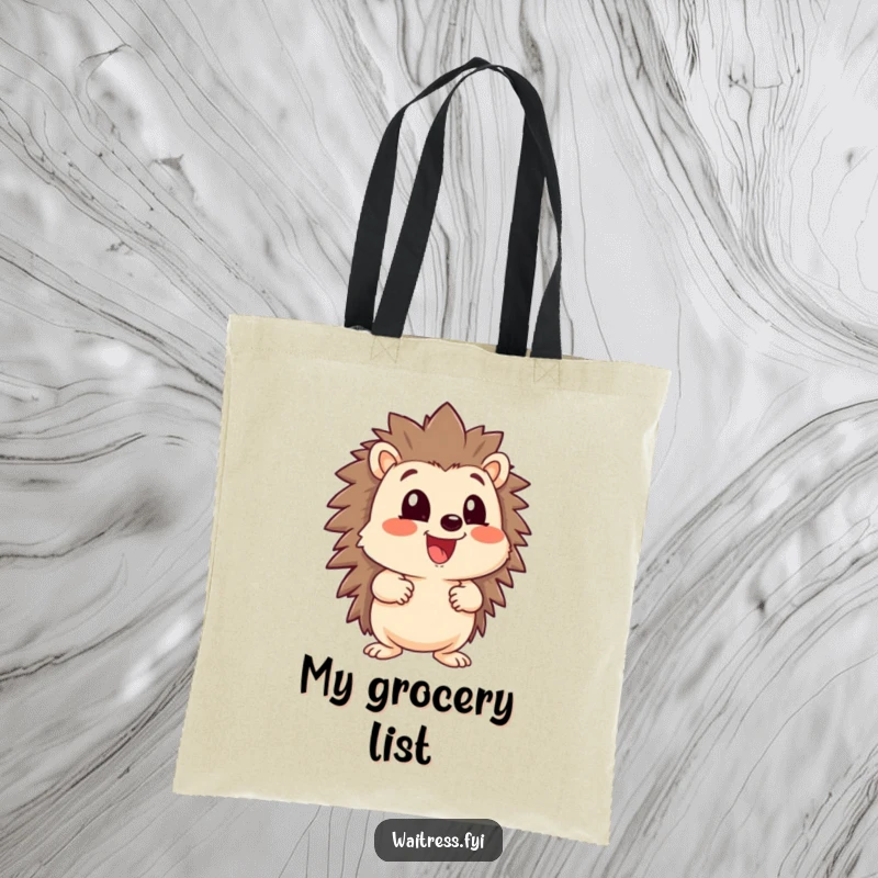 Funny happy hedgehog character with a large menu, looking eager, on a tote bag, ideal for grocery shopping.